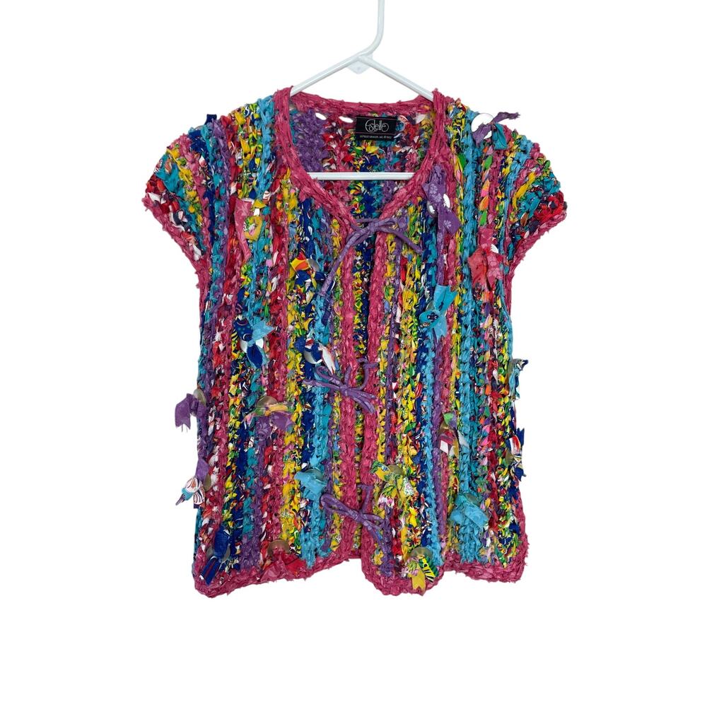 Estella Dopamine Colorful Chunky Crochet Short Sleeve Cardigan Small Quirky Boho